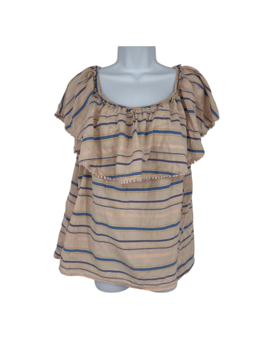 Lane Bryant Womens Striped Cotton Ruffle Blouse With Pom Pom Details Size 18/20